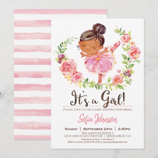 Pink Ballerina Baby shower Girl Invitation Kaart (Voorkant / Achterkant)