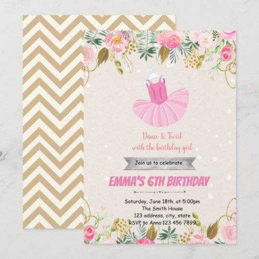 Pink ballerina BIRTHDAY partijuitnodiging Kaart (Voorkant / Achterkant)