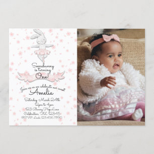 Pink Ballerina Bunny First Birthday Floral Foto Kaart
