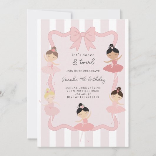 Pink Ballerina Dance & Twirl Birthday Invitation Kaart (Voorkant)