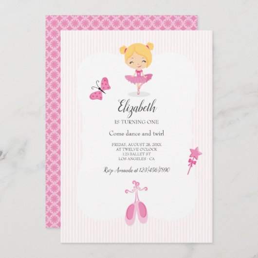 Pink Ballerina Party Kaart (Voorkant / Achterkant)