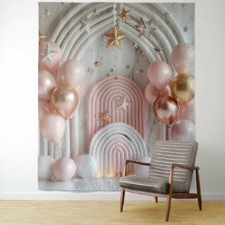 Pink Ballons and Gold Stars Photo Party Banner Wandkleed