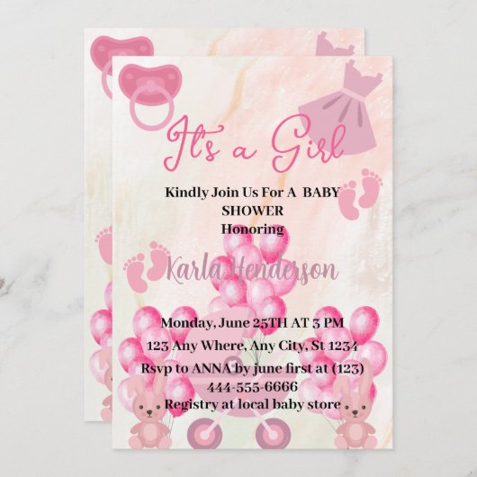 Pink Ballons Bunny Rabbit Het is een Meisje Baby s Kaart (Voorkant / Achterkant)