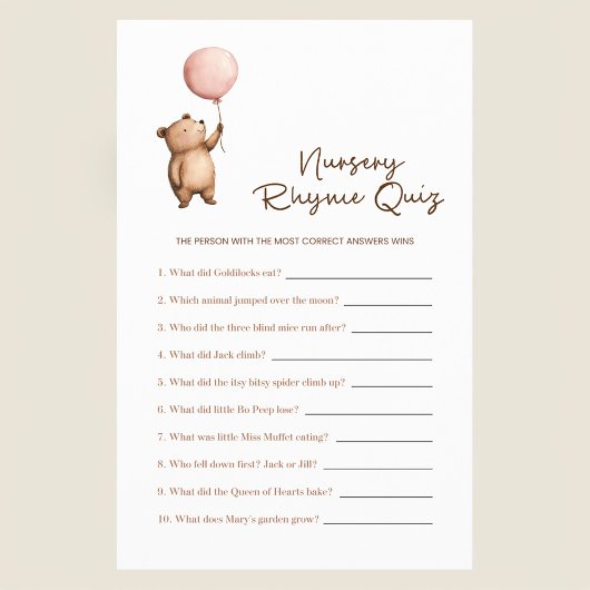 Pink Balloon Bear Nursery Rhyme Quiz Game for Baby Flyer