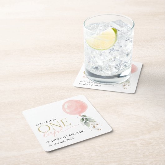 Pink Balloon, Eucalyptus, Greenery, First Birthday Kartonnen Onderzetters (Insitu)