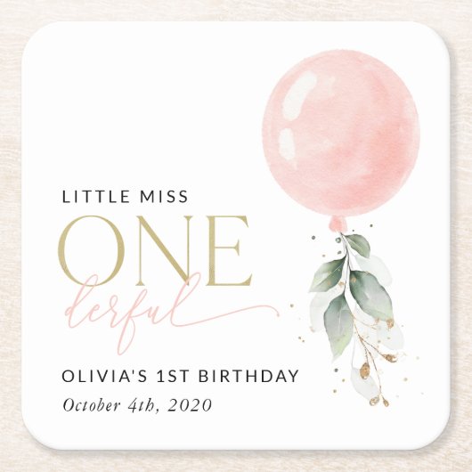 Pink Balloon, Eucalyptus, Greenery, First Birthday Kartonnen Onderzetters (Voorkant)