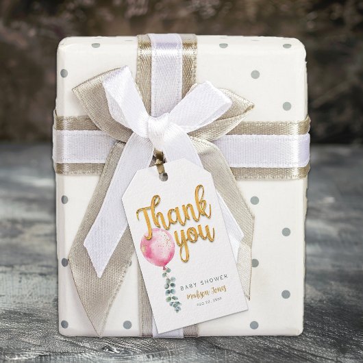 Pink Balloon Gold Script Baby shower Bedankt Label Cadeaulabel