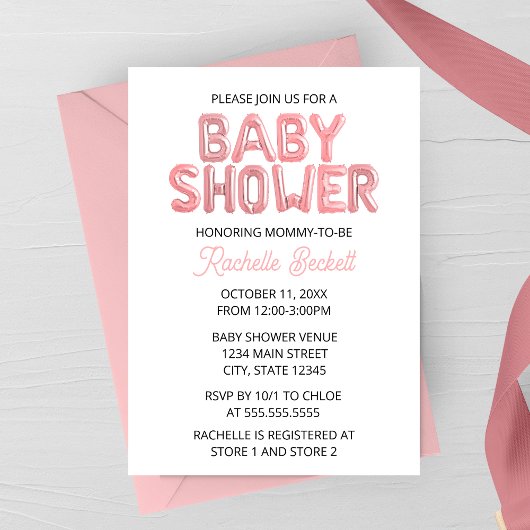 Pink Balloon Letter Baby Shower Invitation Kaart