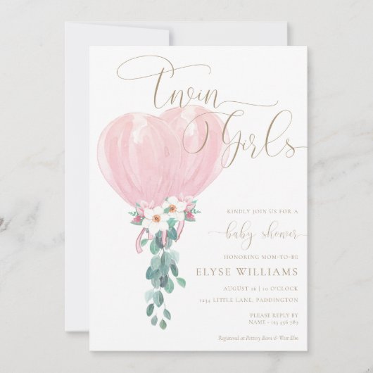 Pink Balloon Twin Girls Baby shower Kaart (Voorkant)