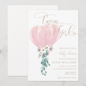 Pink Balloon Twin Girls Baby shower Kaart (Voorkant / Achterkant)