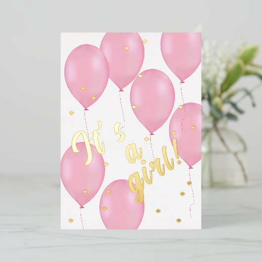 Pink Balloons baby shower Folie Uitnodiging (Staand Voorkant)