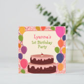 Pink Balloons Cake 1e verjaardag Uitnodiging (Staand voorkant)