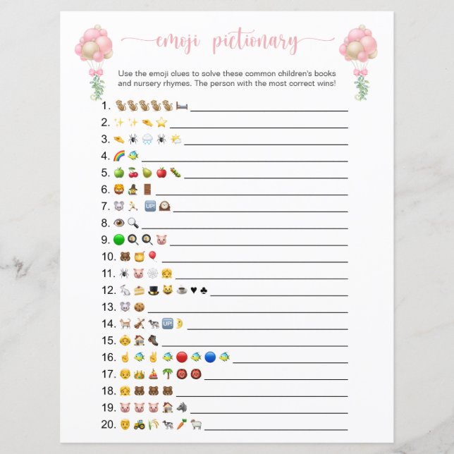 Pink Balloons Emoji Books Baby Shower Game (Voorkant)