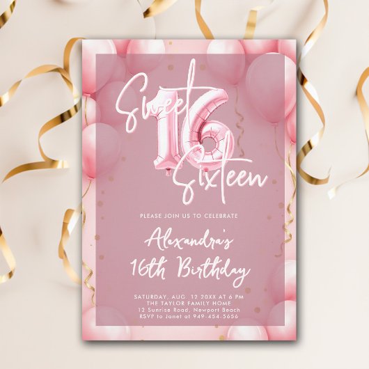 Pink Balloons Modern Calligraphy Elegant Sweet 16 Kaart