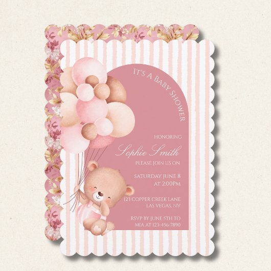 Pink Balloons, Stripes Bloom Baby Shower Scalloped Kaart