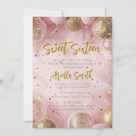 Pink balloons sweet 16 gold confetti kaart