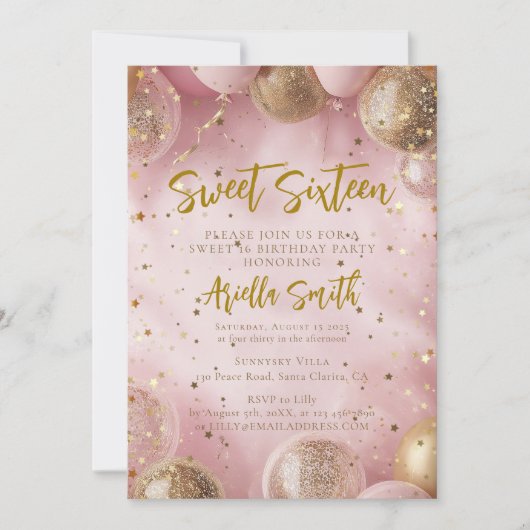 Pink balloons sweet 16 gold confetti kaart (Voorkant)