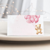 Pink balloons teddy bear baby shower place cards kaart