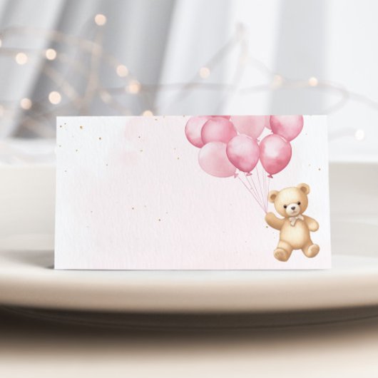 Pink balloons teddy bear baby shower place cards kaart