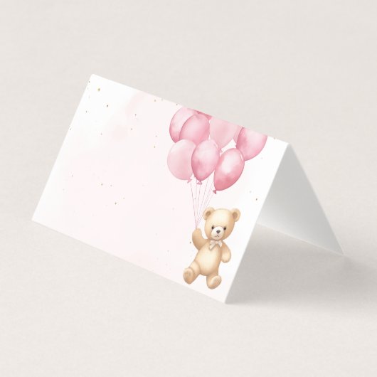 Pink balloons teddy bear baby shower place cards kaart (Voorkant)