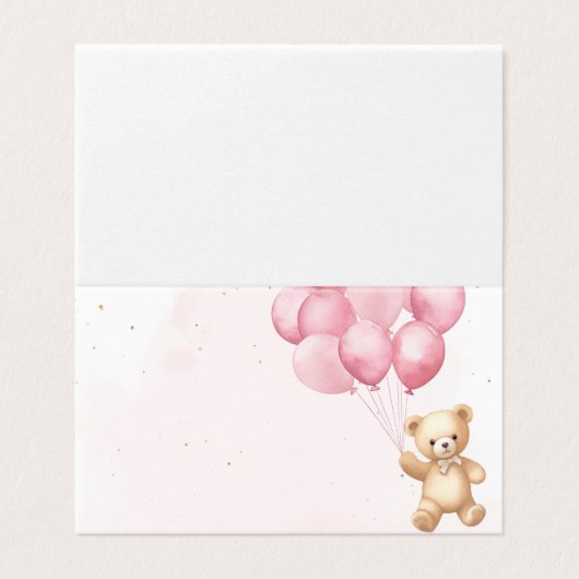 Pink balloons teddy bear baby shower place cards kaart (Buitenkant ongevouwen)