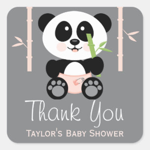 PInk Bamboo Panda Baby shower Dank u wel! Vierkante Sticker