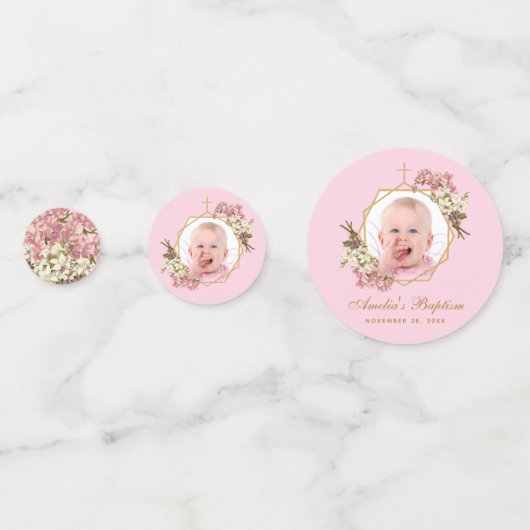 Pink Baptism Girl Foto Floral Geometric Orchids Confetti (Voorkanten)