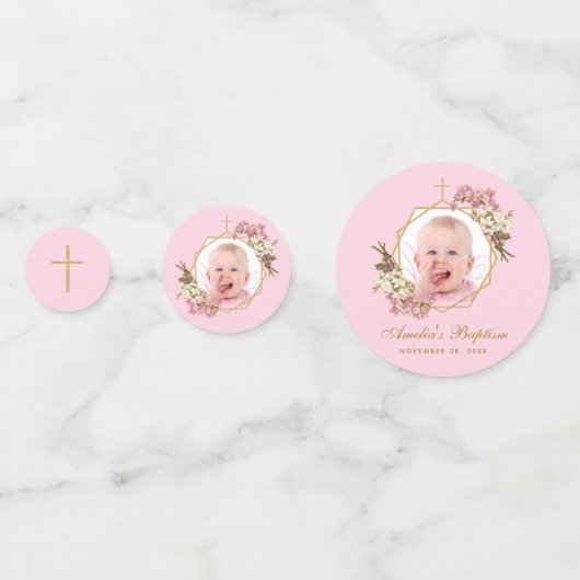 Pink Baptism Girl Foto Floral Geometric Orchids Confetti (Achterkanten)