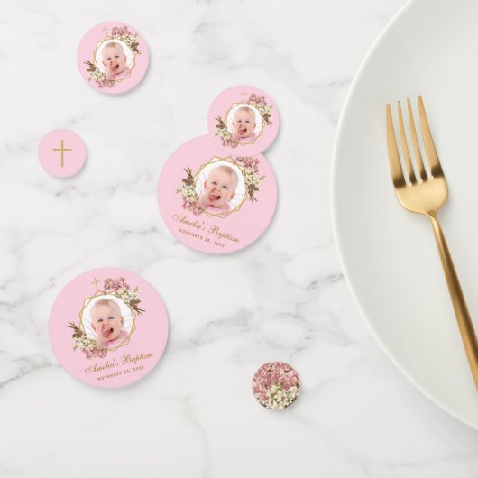 Pink Baptism Girl Foto Floral Geometric Orchids Confetti (Groep)
