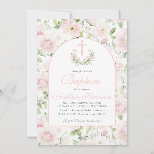 Pink Baptism Invitation, Girl Baptism,  Kaart (Voorkant)