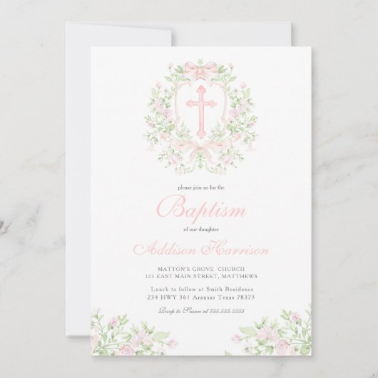 Pink Baptism Invitation, Girl Baptism, Kaart (Voorkant)