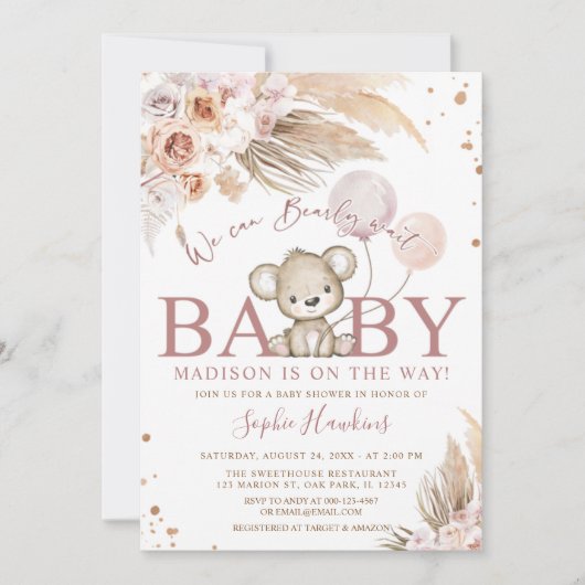 Pink Barly Wait Boho Teddy Bear Girl Baby shower Kaart (Voorkant)
