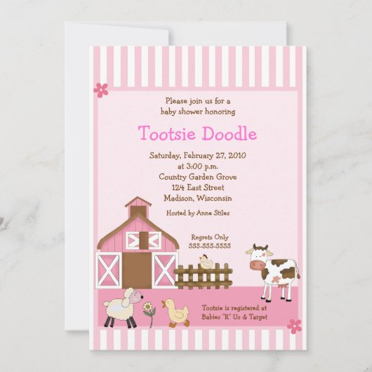 Pink Barn Animal Boerderij yard Baby shower Invite Kaart (Voorkant)