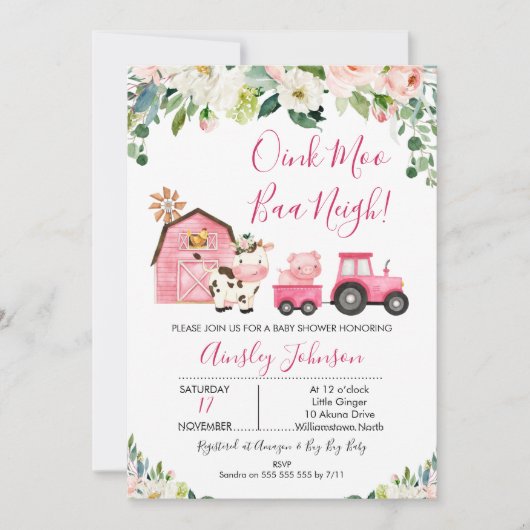 Pink Barn Boerderij Boerderij Dieren Baby shower Kaart (Voorkant)