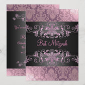 Pink Bat Mitswa Snow & Damask Verjaardagsuitnodigi Kaart (Voorkant / Achterkant)