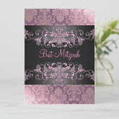 Pink Bat Mitswa Snow & Damask Verjaardagsuitnodigi Kaart (Staand voorkant)