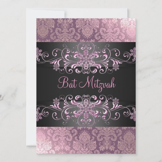 Pink Bat Mitswa Snow & Damask Verjaardagsuitnodigi Kaart (Voorkant)