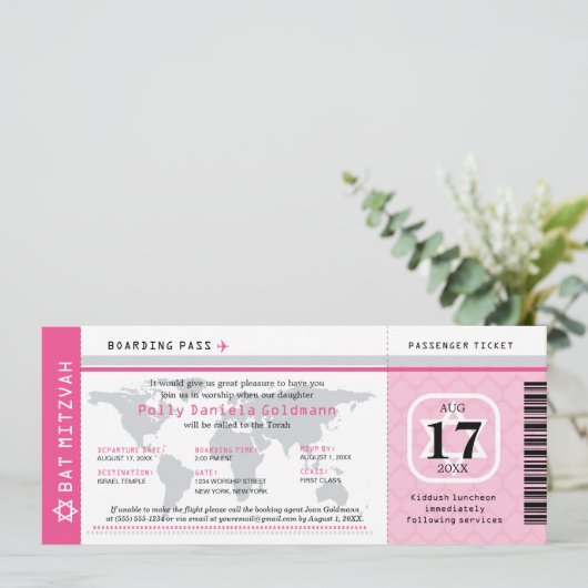 Pink Bat Mitswa World Traveler Boarding Pass Kaart (Staand voorkant)