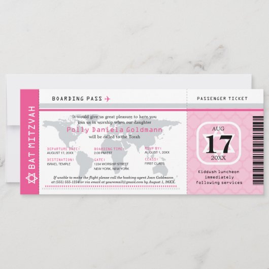 Pink Bat Mitswa World Traveler Boarding Pass Kaart (Voorkant)
