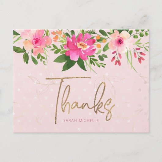 Pink Bat Mitzvah Floral Gold Script Dank je wel ve Briefkaart (Voorkant)