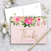 Pink Bat Mitzvah Floral Gold Script Dank je wel ve Briefkaart