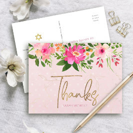 Pink Bat Mitzvah Floral Gold Script Dank je wel ve Briefkaart