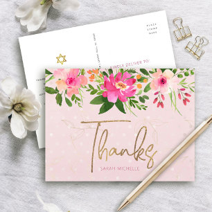 Pink Bat Mitzvah Floral Gold Script Dank je wel ve Briefkaart