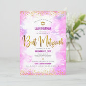 Pink Bat Mitzvah Gold Foil Waterverf Modern Kaart (Staand voorkant)