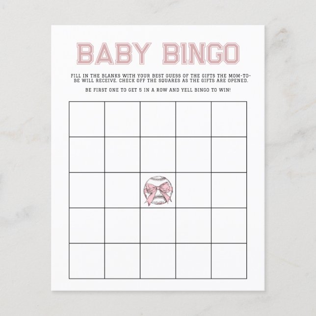 Pink Batter Up Baseball Baby Bingo Game (Voorkant)