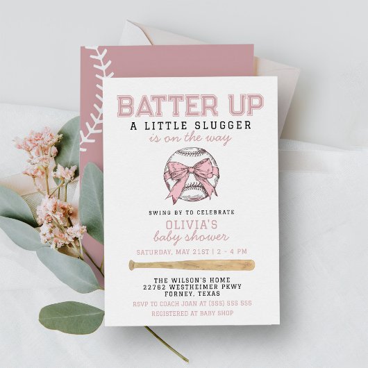 Pink Batter Up Baseball Girl Baby shower Kaart