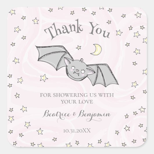 Pink Batty, Stars & Moons Spooky Schattige Bedankt Vierkante Sticker (Voorkant)