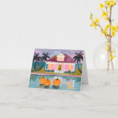 Pink Beach Cottage bij Halloween Kaart (Gele Bloem)