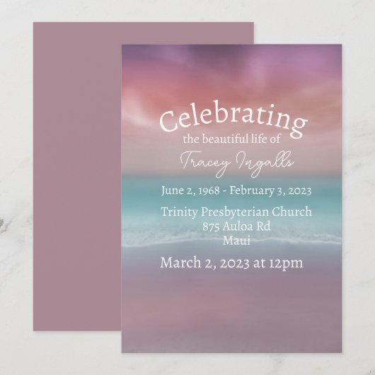 Pink Beach Sunset Celebration of Life Invitation Kaart (Voorkant / Achterkant)