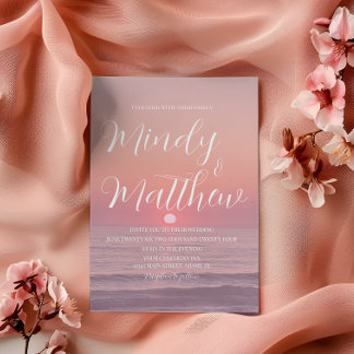 Pink Beach Sunset Destination Wedding Invitation Kaart